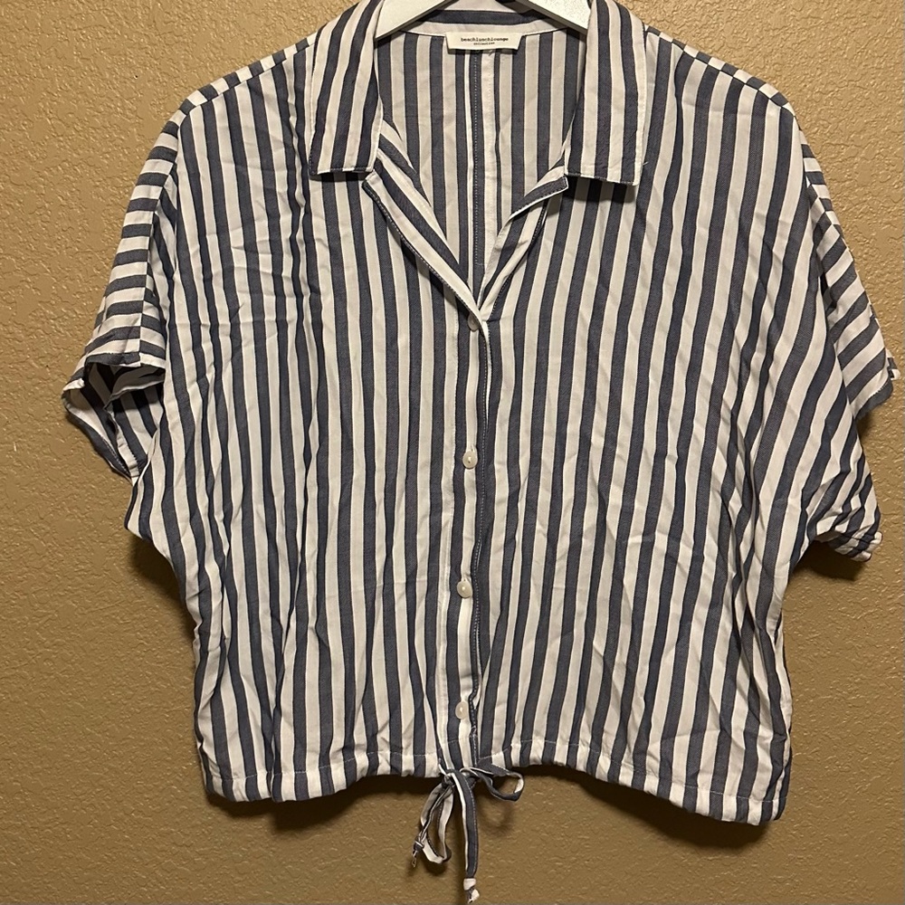 Beach Lunch Lounge L Large Striped Blue White Tie Front Blouse Shirt